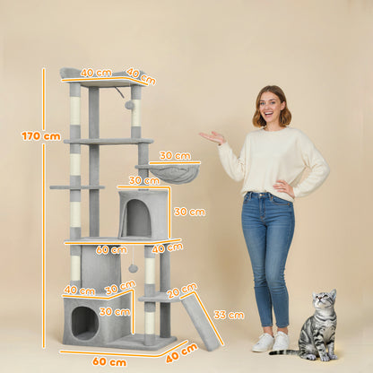 PawHut 170 cm Large Cat Tree, Cat Tower with 7 Scratching Posts, 2 Condos, Hammock, Light Grey