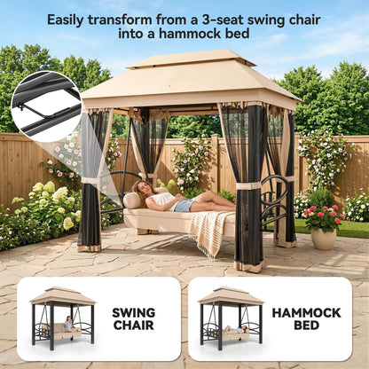 Outsunny 3 Seater Swing Chair 3-in-1 Convertible Garden Swing Seat Bed Gazebo Patio Bench Outdoor with Double Tier Canopy, Cushioned Seat, Mesh Sidewalls, Beige