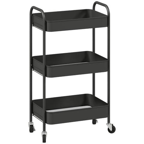HOMCOM Three-Tier Steel Storage Trolley - Black