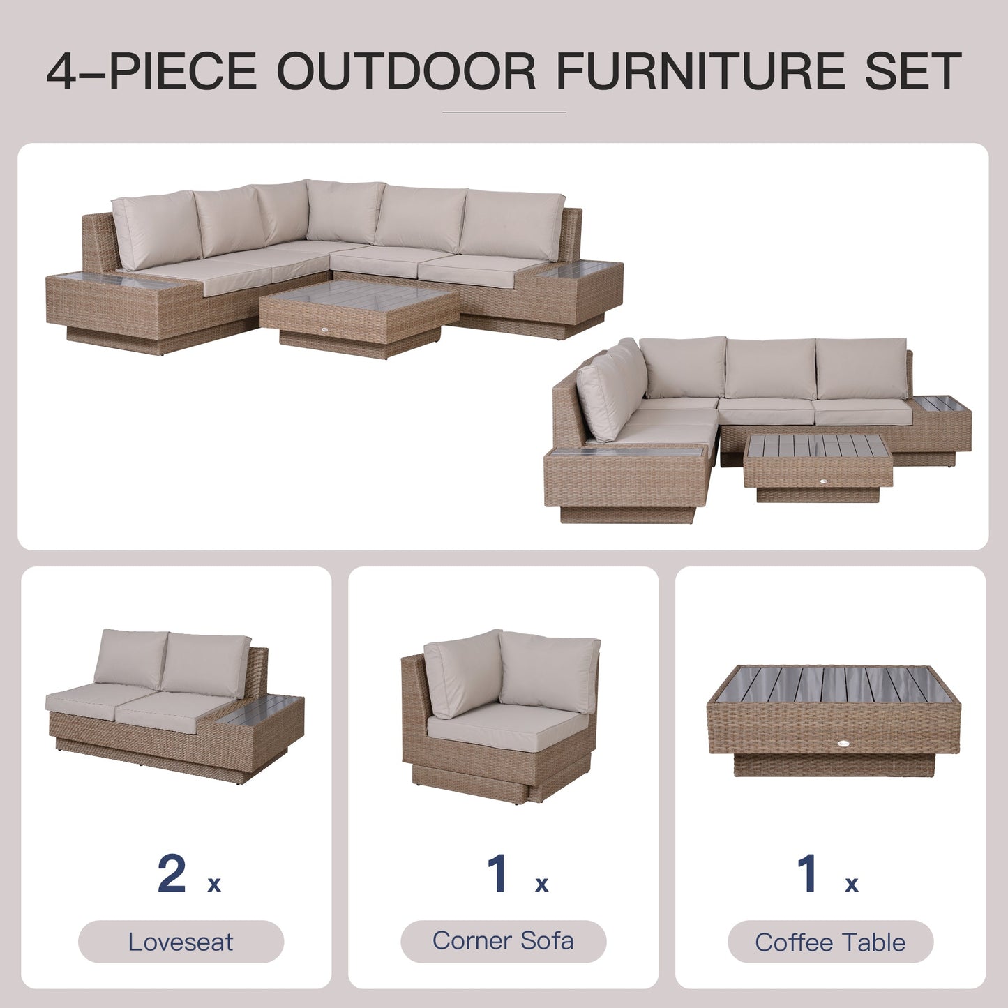 Outsunny 4 PCs Rattan Garden Furniture Outdoor Sectional Corner Sofa and Coffee Table Set Conservatory Wicker Weave Furniture with Armrest and Cushions - Beige