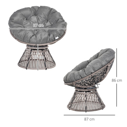 Outsunny 360 Swivel Rattan Papasan Moon Bowl Chair Round Lounge Garden Wicker Basket Seat with Padded Cushion Oversized for Outdoor Indoor, Grey