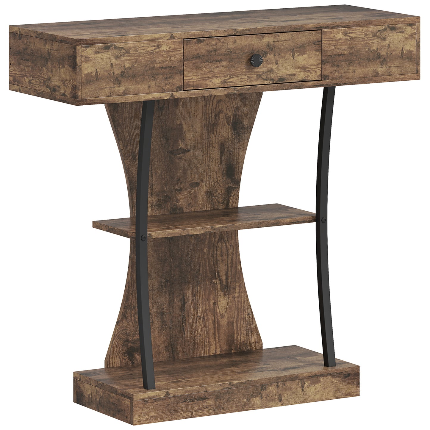 HOMCOM Console Table, 3-Tier Industrial Hallway Table with Drawer, Storage Shelves, 91 x 32 x 87 cm, Rustic Brown