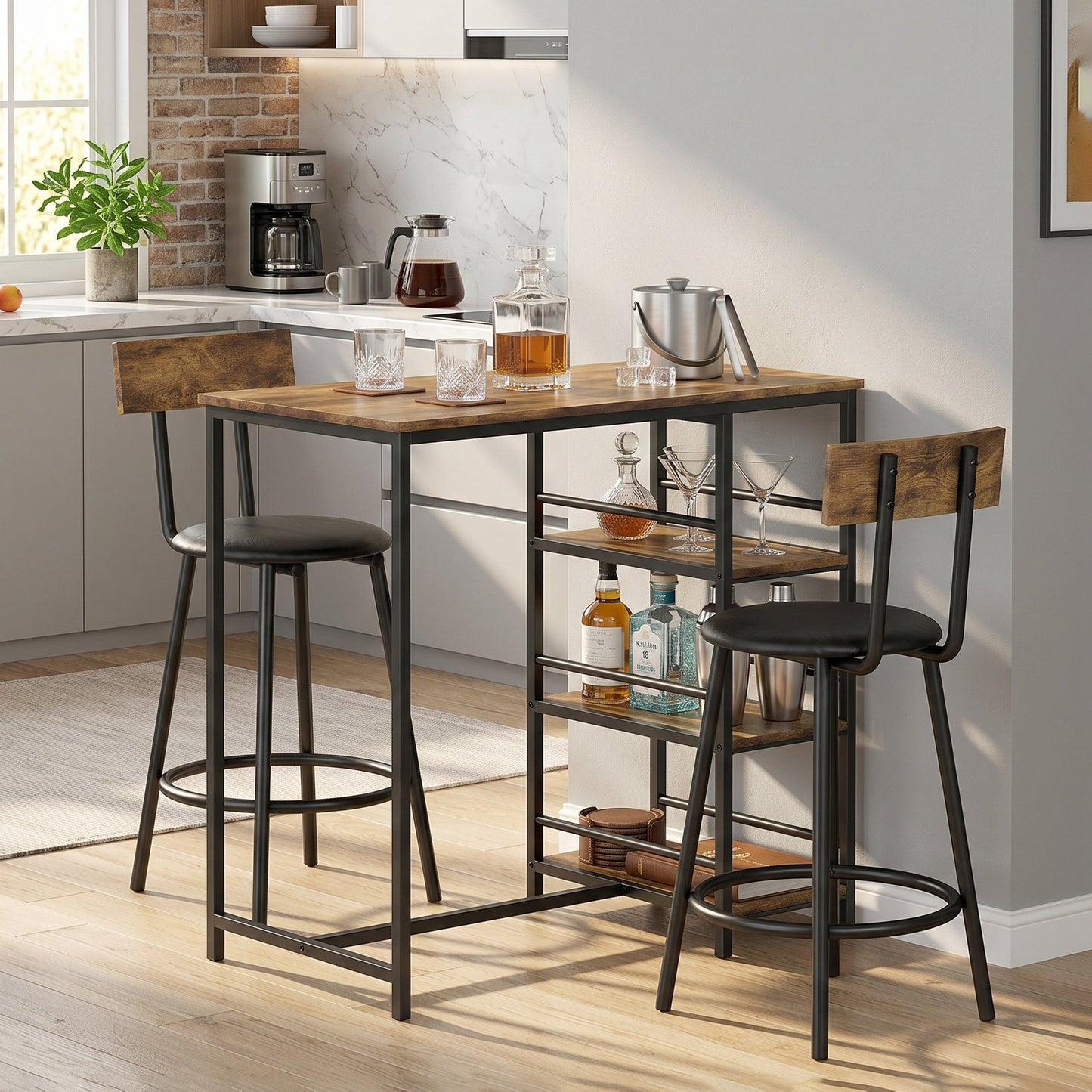 HOMCOM Space Saving Bar Table and PU Leather Stools for 2, 3 Piece Breakfast Bar Table Set with Storage Shelves, Rustic Brown