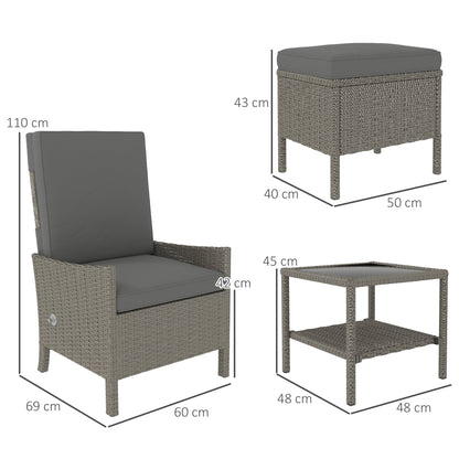 Outsunny 5 Piece Rattan Garden Furniture Set, Wicker Patio Sofa Set with 2 Armchairs, 2 Footstools, Glass Top Coffee Table with Shelf, Outdoor Furniture with Adjustable Backrests, Cushions, Dark Grey