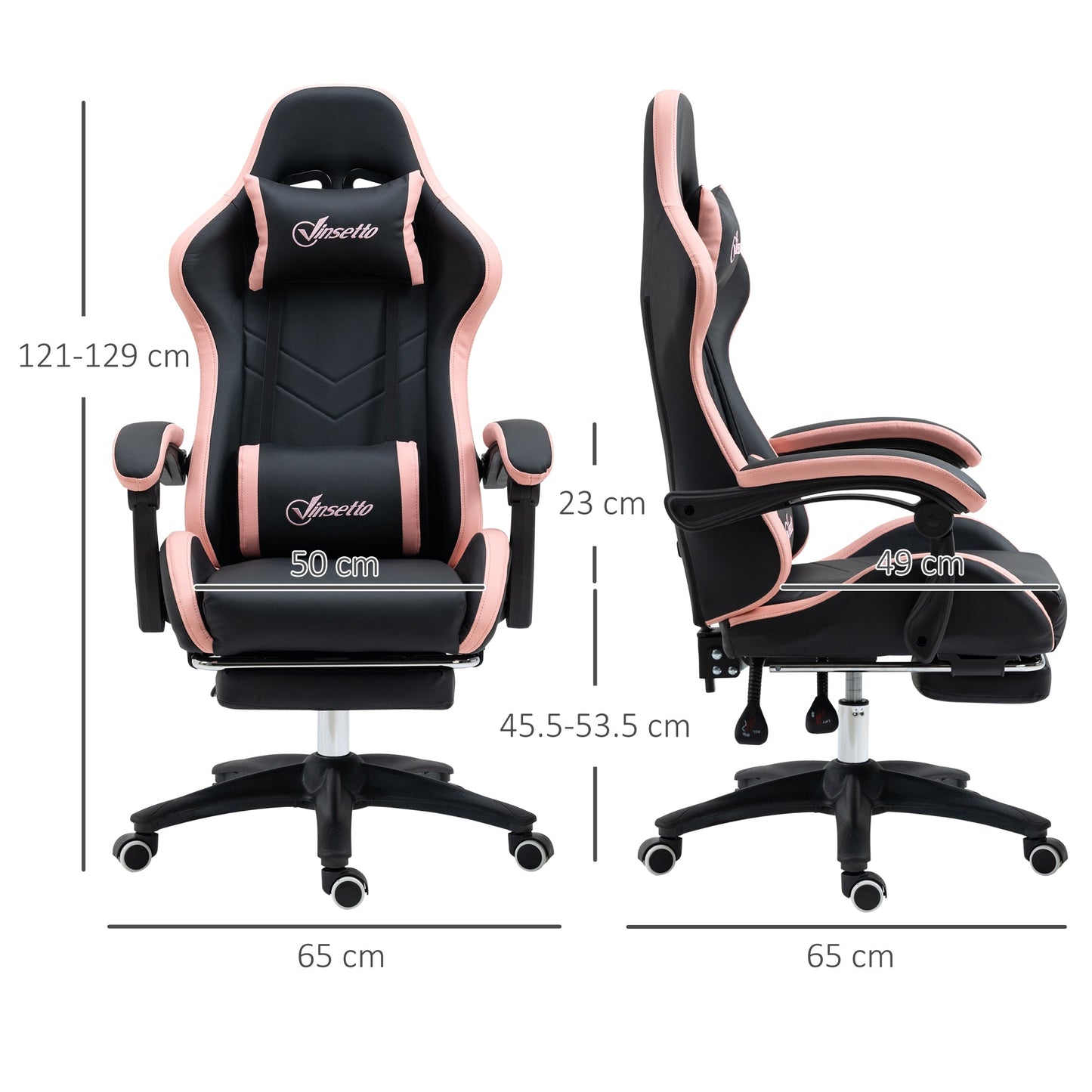 Vinsetto Computer Gaming Chair, PU Leather Office Desk Chair with Footrest, Swivel Wheels, 135 Reclining Back, Lumbar Support, Headrest for Home, Black and Pink