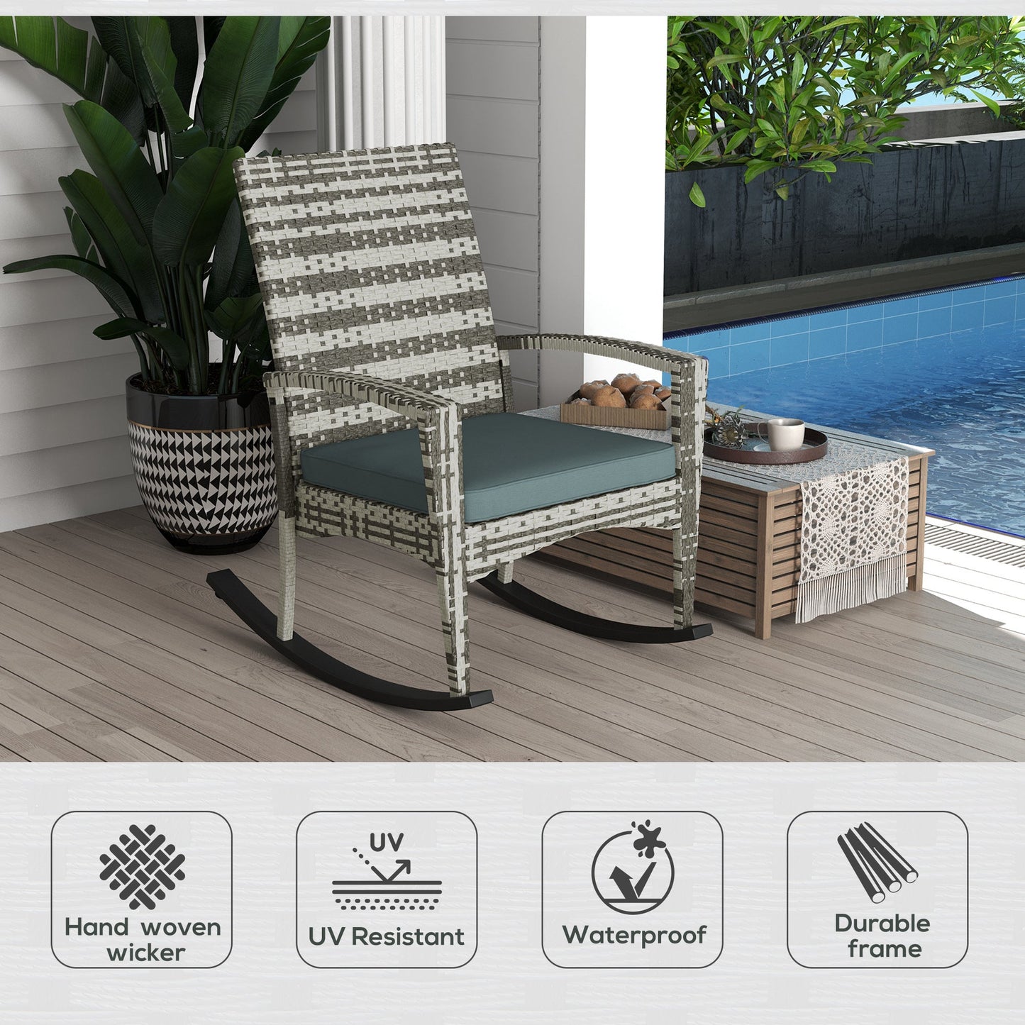 Outsunny Outdoor PE Rattan Rocking Chair, Garden Rocking Chair Set with Armrest and Cushion, Light Grey