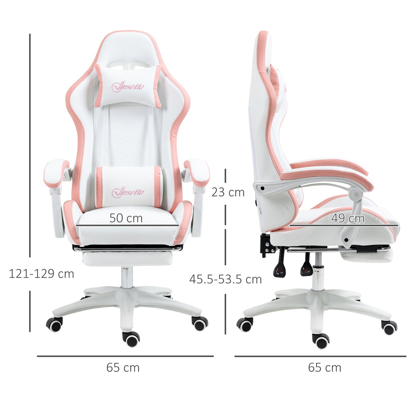 Vinsetto Computer Gaming Chair, PU Leather Desk Chair with Footrest, Swivel Task Chair with 135¡ Reclining Back and Lumbar Support, PC Chair for Adults, White and Pink