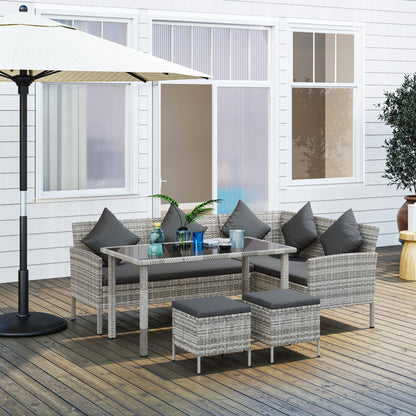 Outsunny tsunny 6-Seater Rattan Dining Set Sofa Table Footstool Outdoor w/ Cushion Garden Furniture, Dark Grey