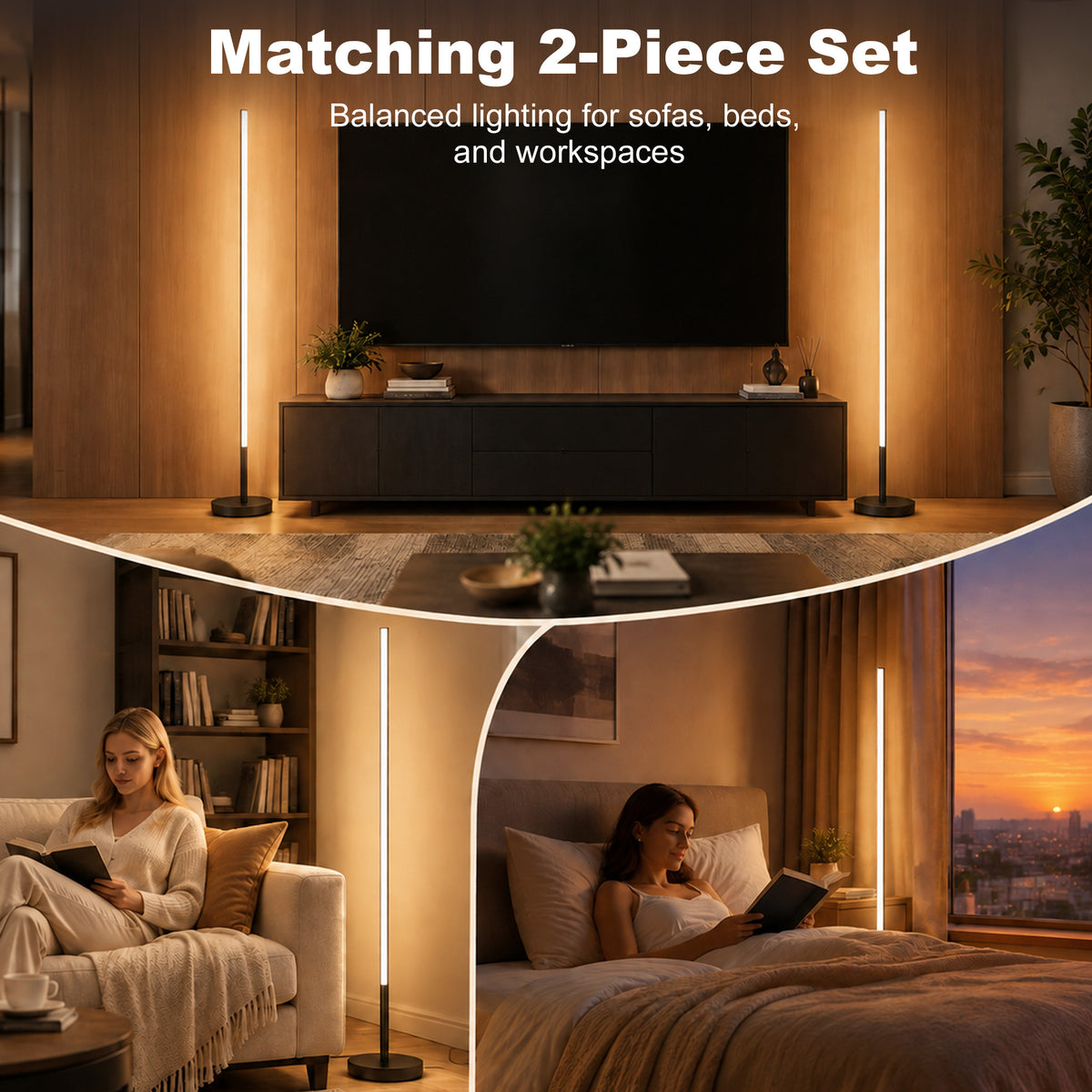 HOMCOM Corner Lamp Set of 2, 1450 lm LED Floor Lamp w/ 3-Level Brightness, Foot Switch, 3000K, Minimalist Corner Light, Black