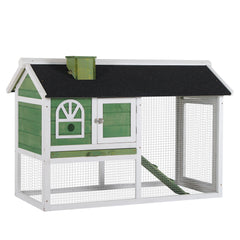 PawHut Wooden Rabbit Hutch and Run with Sliding Tray, Ramp, Water-resistant Roof, for 2-4 Rabbits, Green