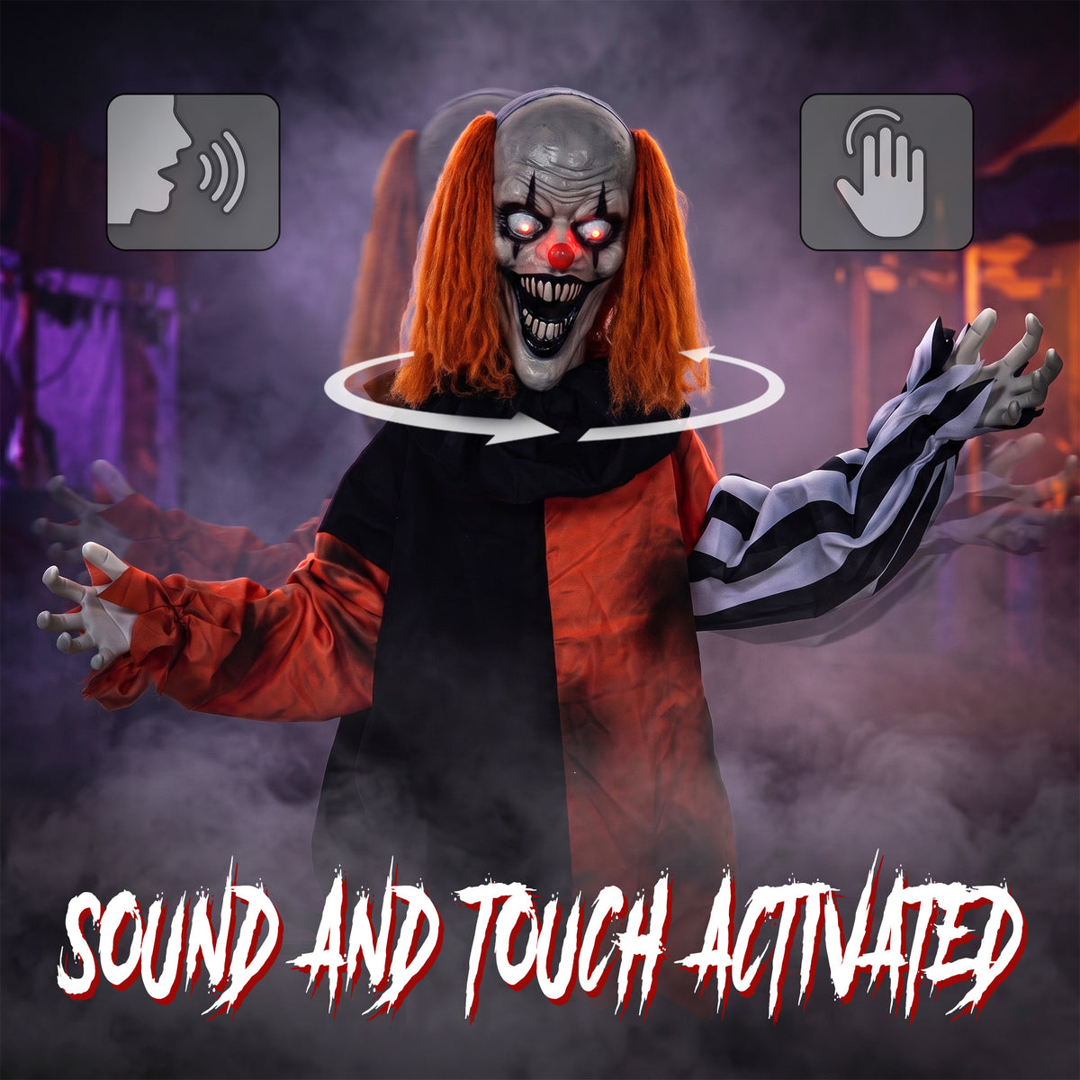 HOMCOM Animated Halloween Face Changing Clown, Animatronic Joker with Cackling Sound, Glowing Eyes, Sound/Touch Activated