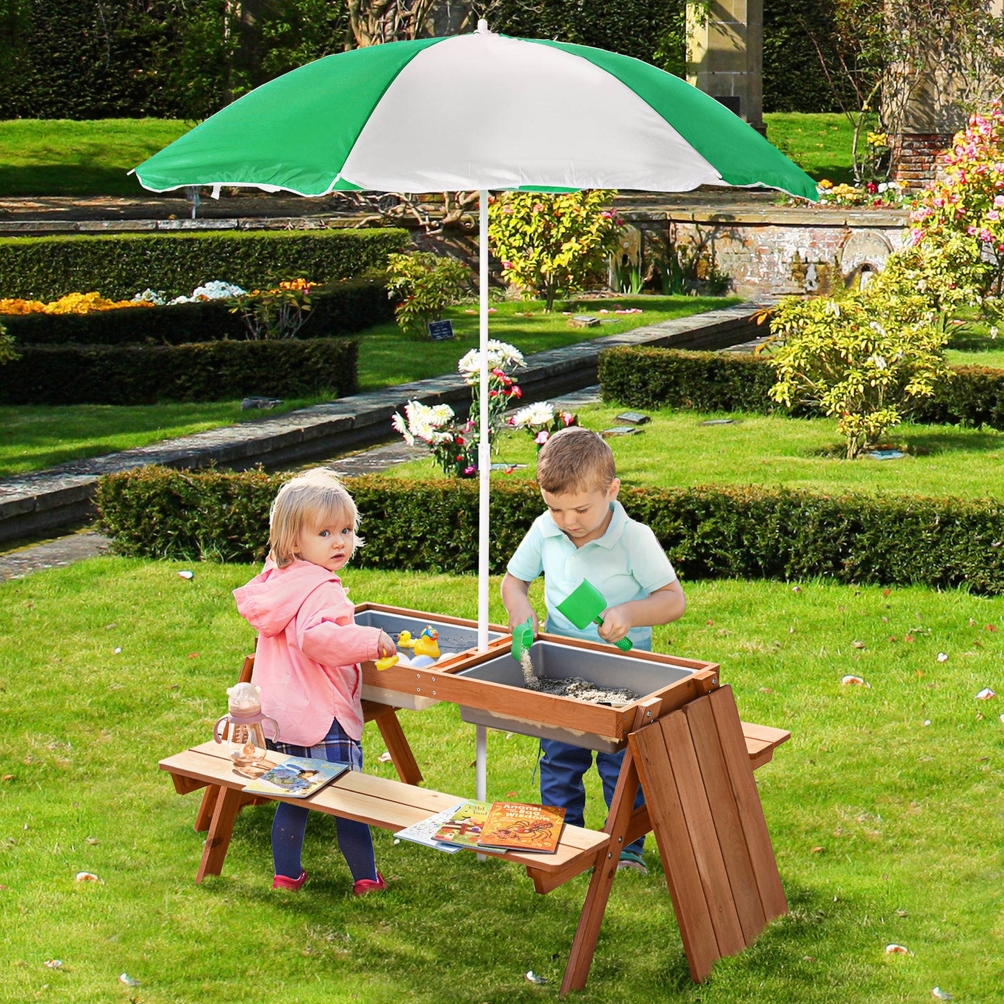 Outsunny Kids Picnic Table with Benches, Wooden Sand and Water Table, Adjustable Parasol, Storage Bins, for Kids 3-6 Years, Brown