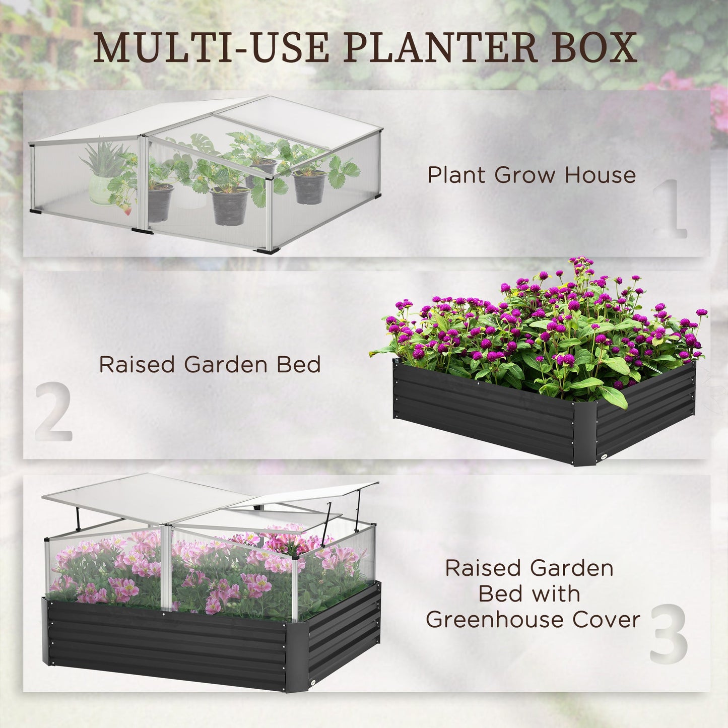 Outsunny Galvanised Raised Garden Bed, Outdoor Planter Box with Greenhouse and Cover for Vegetables, Flowers, Dark Grey