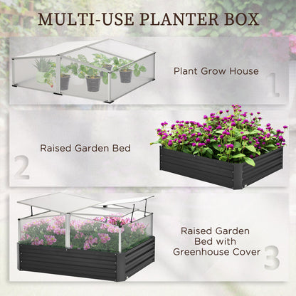 Outsunny Galvanised Raised Garden Bed, Outdoor Planter Box with Greenhouse and Cover for Vegetables, Flowers, Dark Grey
