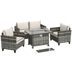 Outsunny 5-Piece Rattan Patio Furniture Set with Gas Fire Pit Table, Loveseat Sofa, Armchairs, Cushions, Pillows, Grey