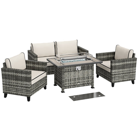 Outsunny 5-Piece Rattan Patio Furniture Set with Gas Fire Pit Table, Loveseat Sofa, Armchairs, Cushions, Pillows, Grey