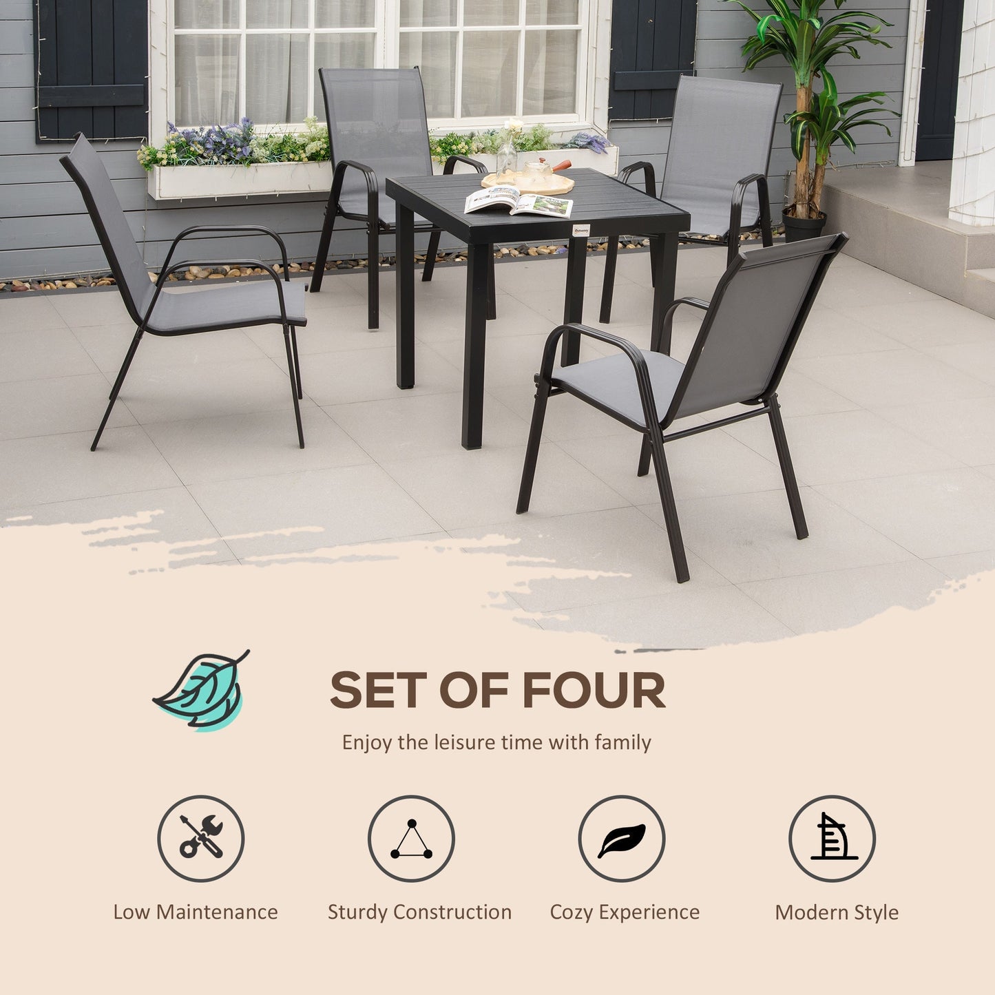 Outsunny Set of Four Stackable Mesh Seat Chairs - Dark Grey