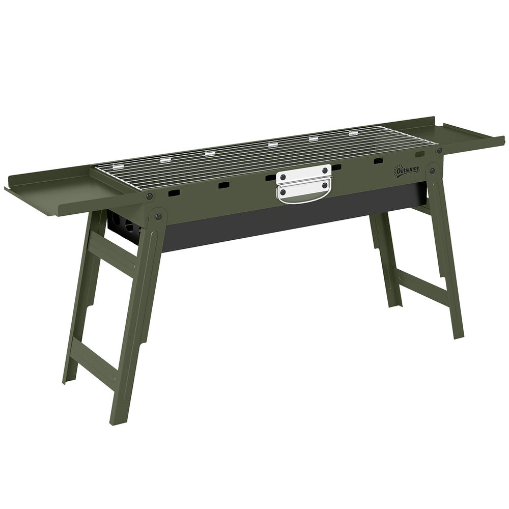 Outsunny Portable BBQ Grill, Foldable Charcoal Grill for Camping and Picnics with 2 Side Shelves and Handle, Green