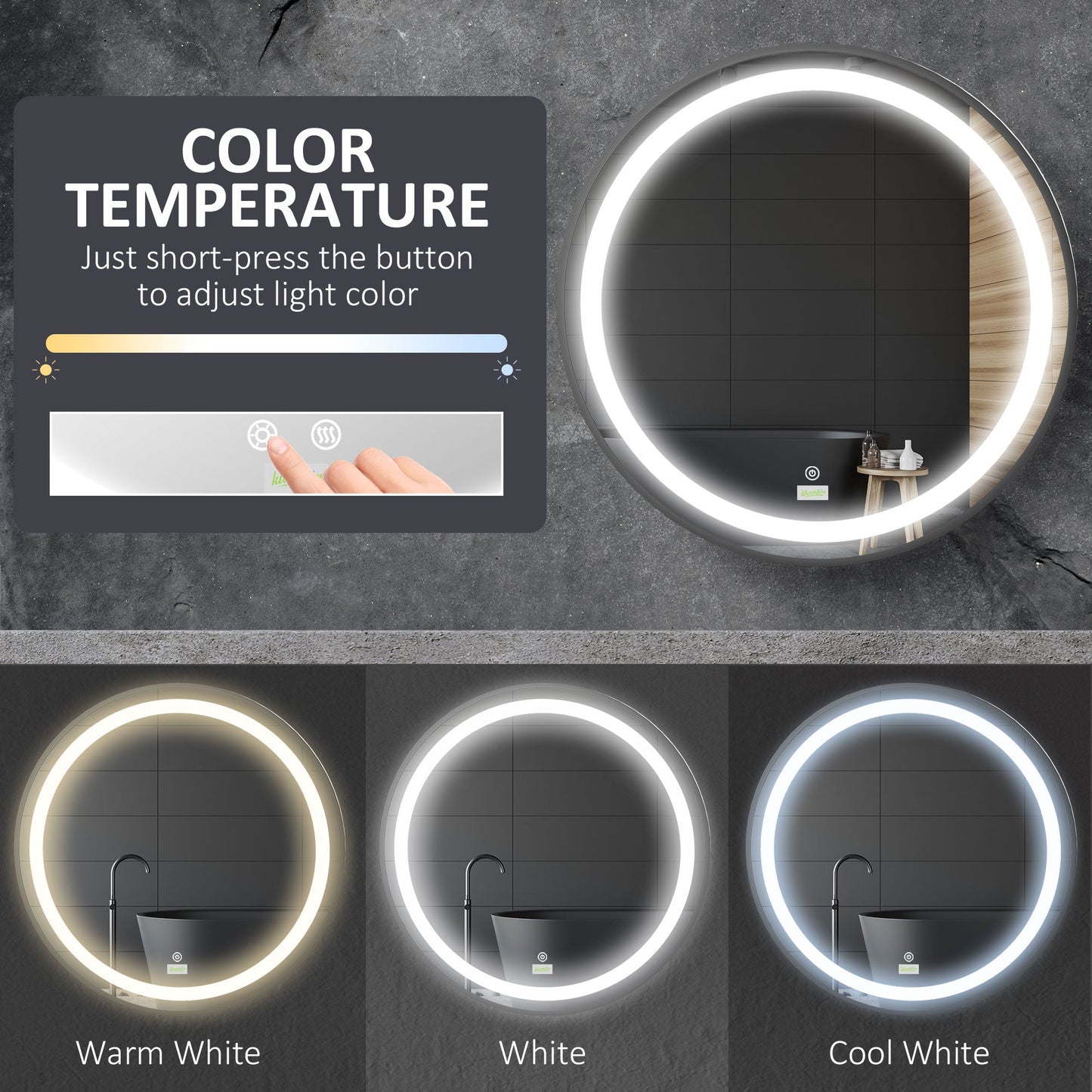 Kleankin Round LED Bathroom Mirror, Dimmable Lighted Wall-Mounted Mirror with 3 Temperature Colours, Memory Function, Hardwired