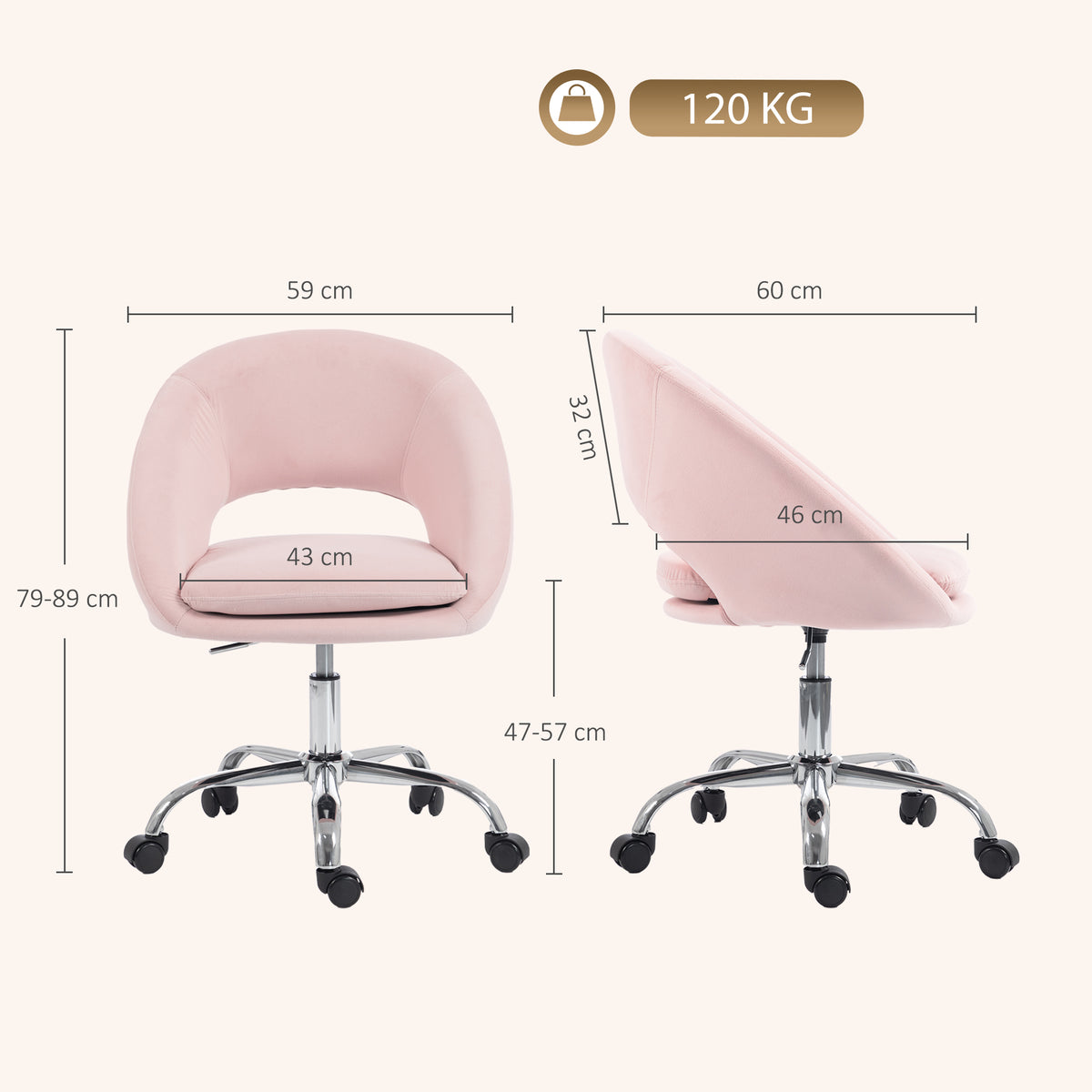 HOMCOM Velvet Desk Chair, Modern Office Chair with Height-Adjustable, Wheels, for Home Study Bedroom, Pink