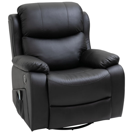 HOMCOM PU Leather Reclining Chair with 8 Massage Points and Heat, Manual Recliner with Swivel Base, Footrest and Remote, Black