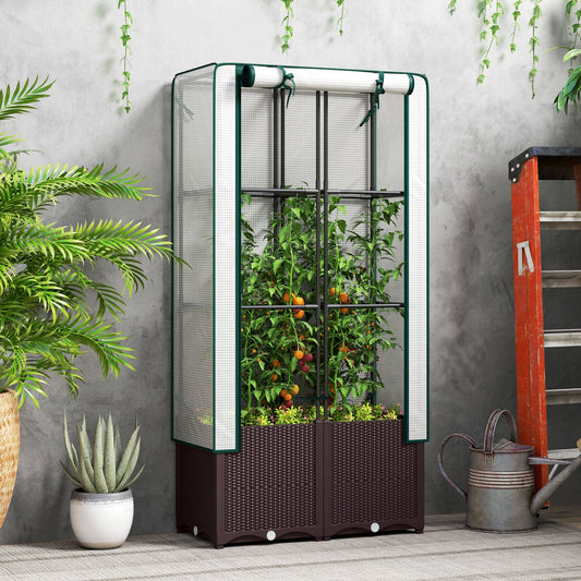 Outsunny Raised Garden Bed with Trellis, Plastic Planter Box with PE Cover, Drainage Holes, Drain Plugs and Water Reservoirs for Climbing Plants, Vegetables, Flowers, 80 x 40 x 140 cm