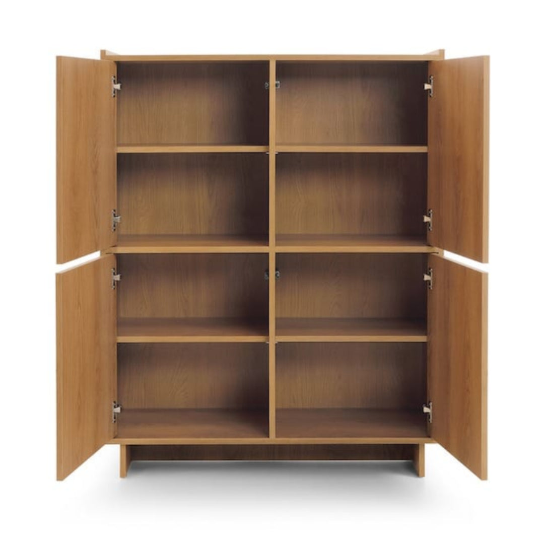 Wooden cabinet with open doors on a white background