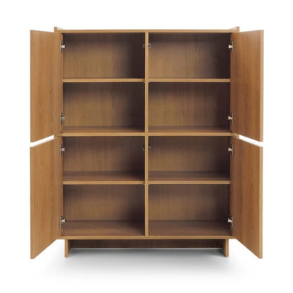 Wooden cabinet with open doors on a white background