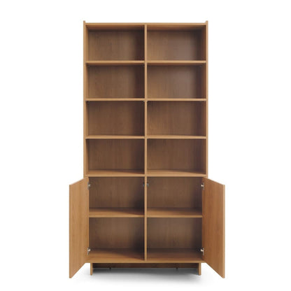 Wooden bookshelf with open doors on a white background