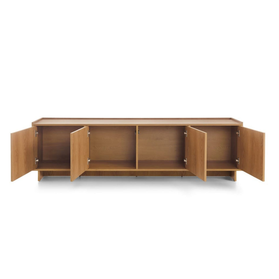 Wooden cabinet with open doors on a white background
