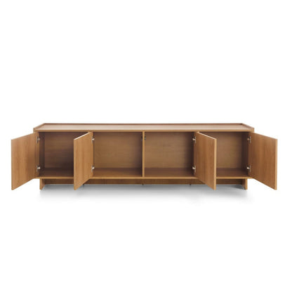 Wooden cabinet with open doors on a white background