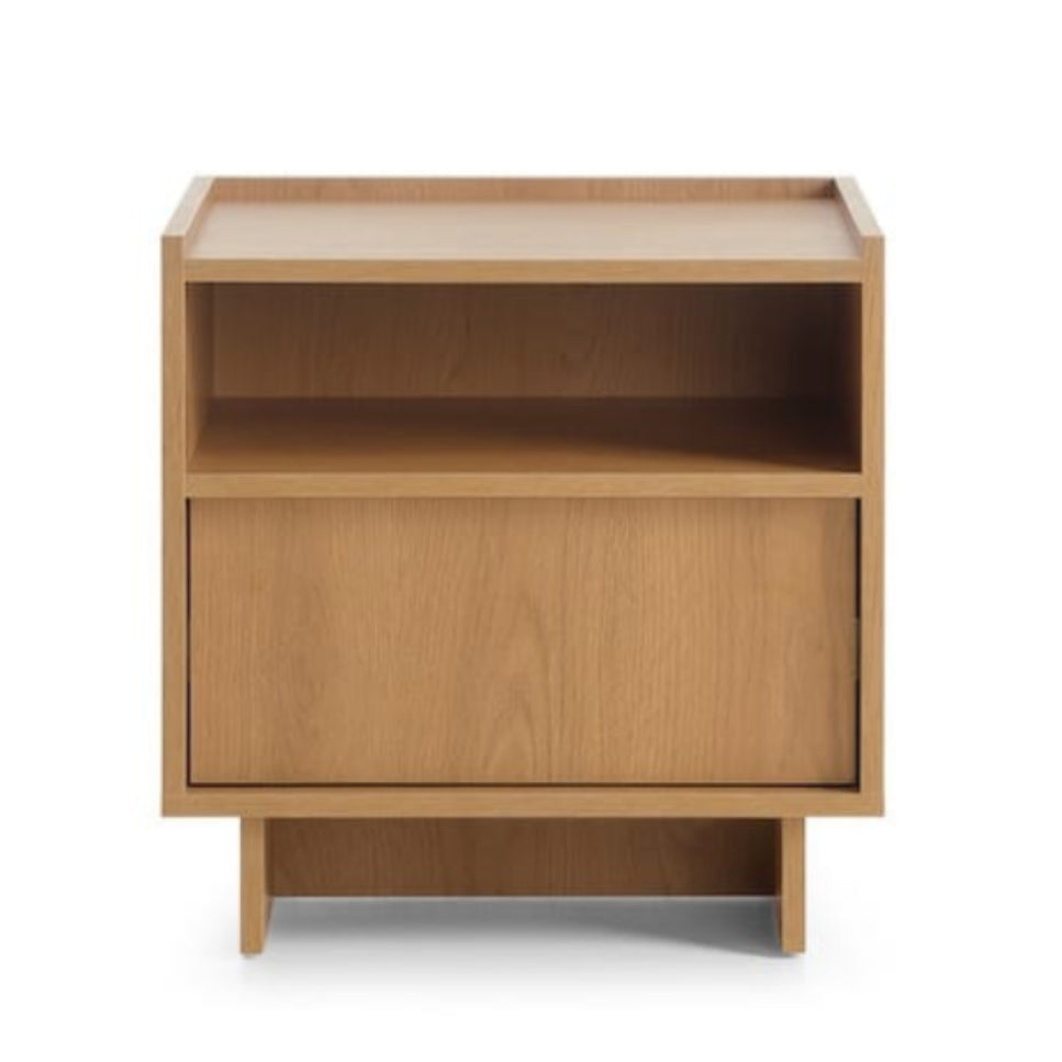 Wooden nightstand with a single drawer on a white background