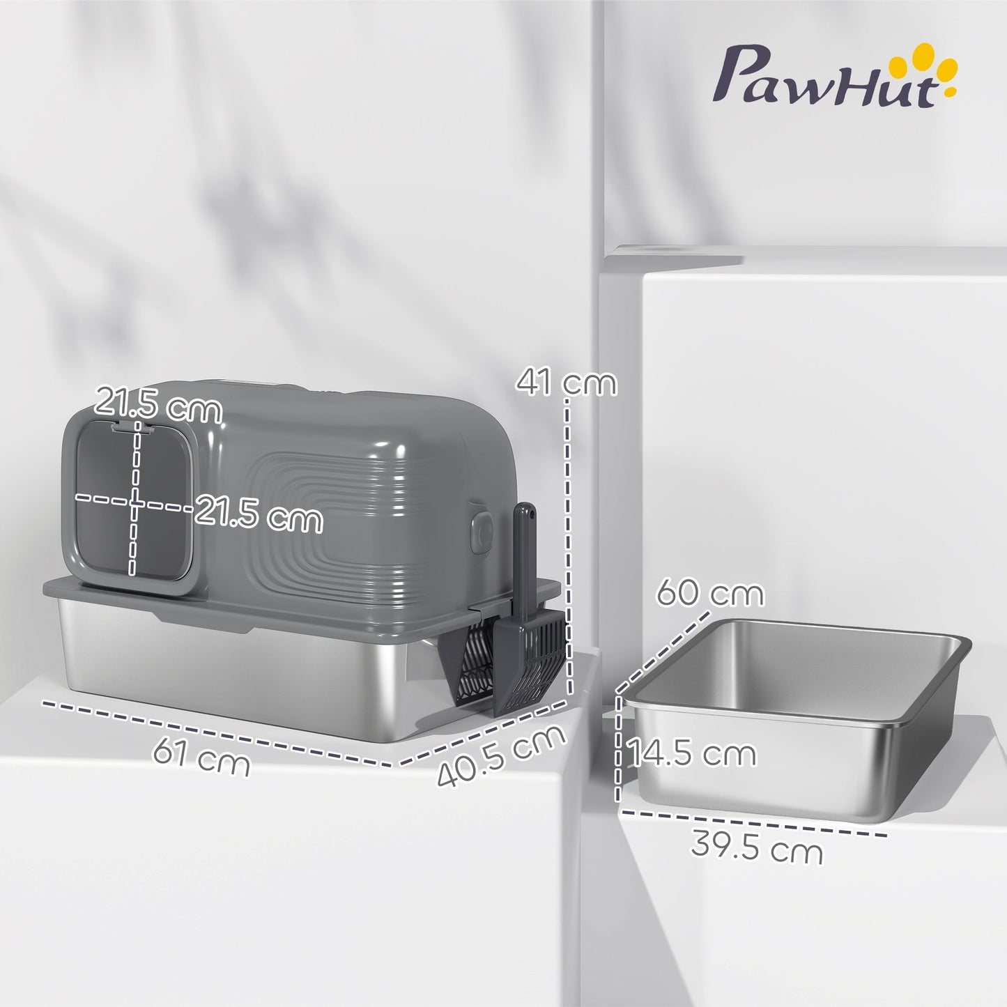 PawHut 65L Extra Large Stainless Steel Litter Tray with Plasma Deodoriser System, High Sided, Easy to Clean & Odour-Resistant