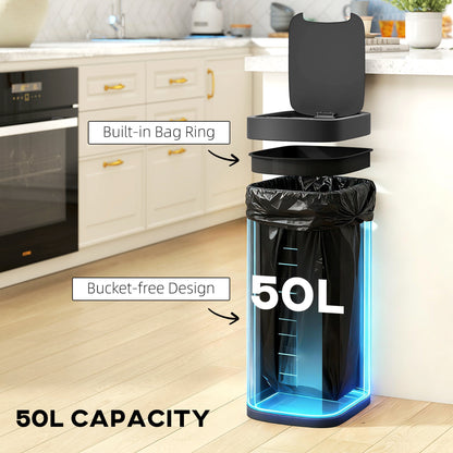 HOMCOM 50L Sensor Bin, Automatic Kitchen Bin, Manual Override, Battery Operated, Inner-Bucket-Free, for Kitchen, Bedroom, Black