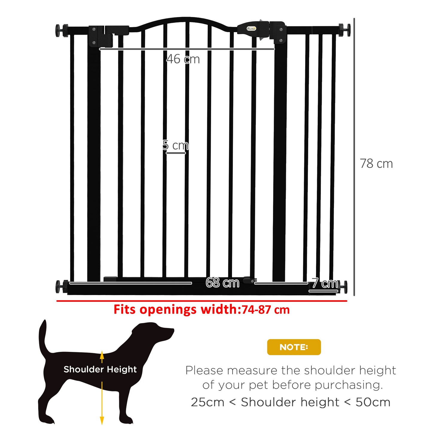 PawHut Metal 74-87cm Adjustable Pet Gate Safety Barrier w/ Auto-Close Door Black