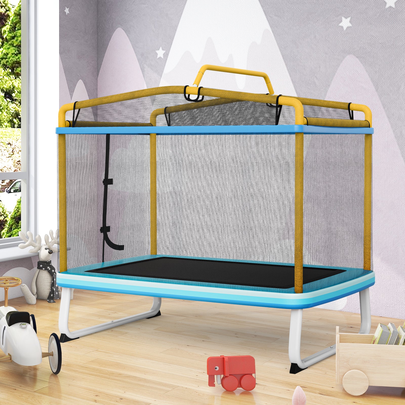 190CM 3-in-1 Kids Rectangle Trampoline with Enclosure Net and Horizontal Bar-Yellow