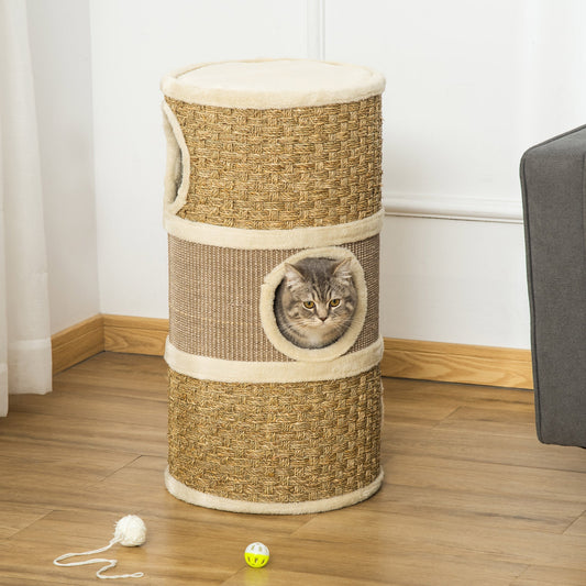 PawHut Cat Scratching Barrel Kitten Tree Tower for Indoor Cats Pet Furniture Climbing Frame Covered with Sisal and Seaweed Rope Cozy Platform Soft Plush