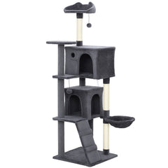 PawHut 160cm Large Cat Tree Tower with Sisal Scratching Posts, Condos, Plush Perches, Hammock, Ladder, Dark Grey