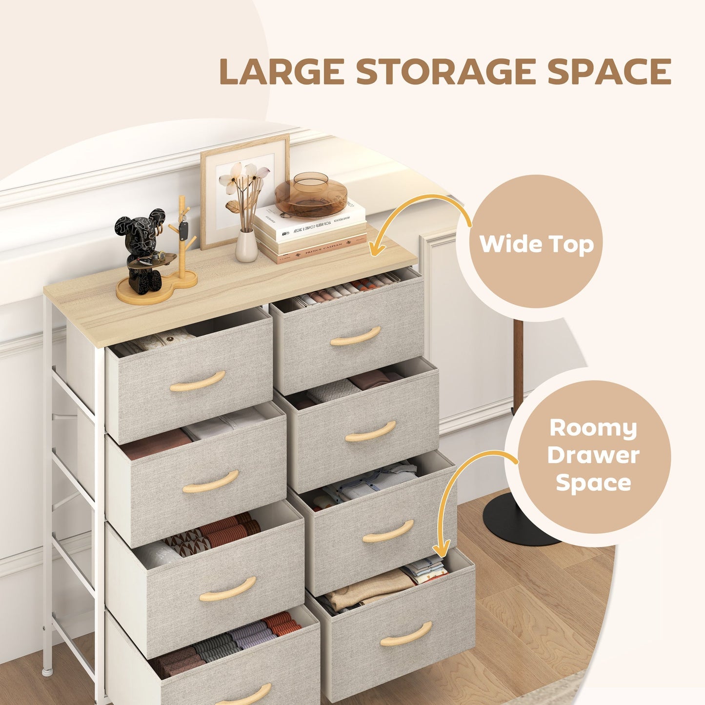 HOMCOM Fabric Chest of Drawers, Industrial Bedroom Dresser with 8 Fabric Drawers, Steel Frame and Wooden Top for Nursery, Living Room, Hallway, Maple Wood-effect