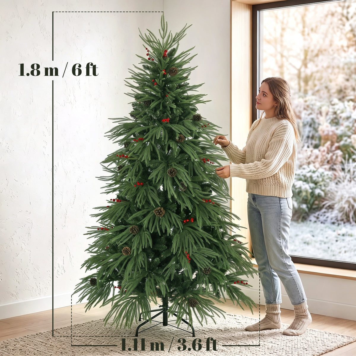 HOMCOM 6ft Artificial Christmas Tree with Pinecones, Red Berries, Hinged Predecorated Xmas Tree with 2843 Branch Tips