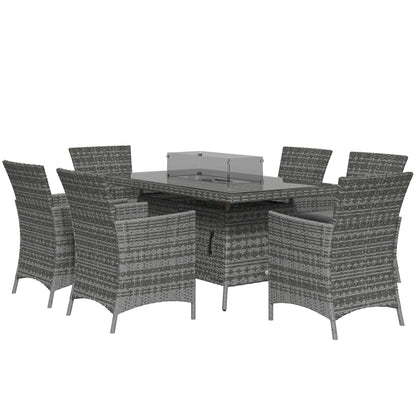 7 Piece PE Rattan Dining Sets w/ Fire Pit Table, Garden Dining Set w/ Heater Table, Armchairs w/ Cushions, Glass Windscreen, 50,000 BTU, Grey