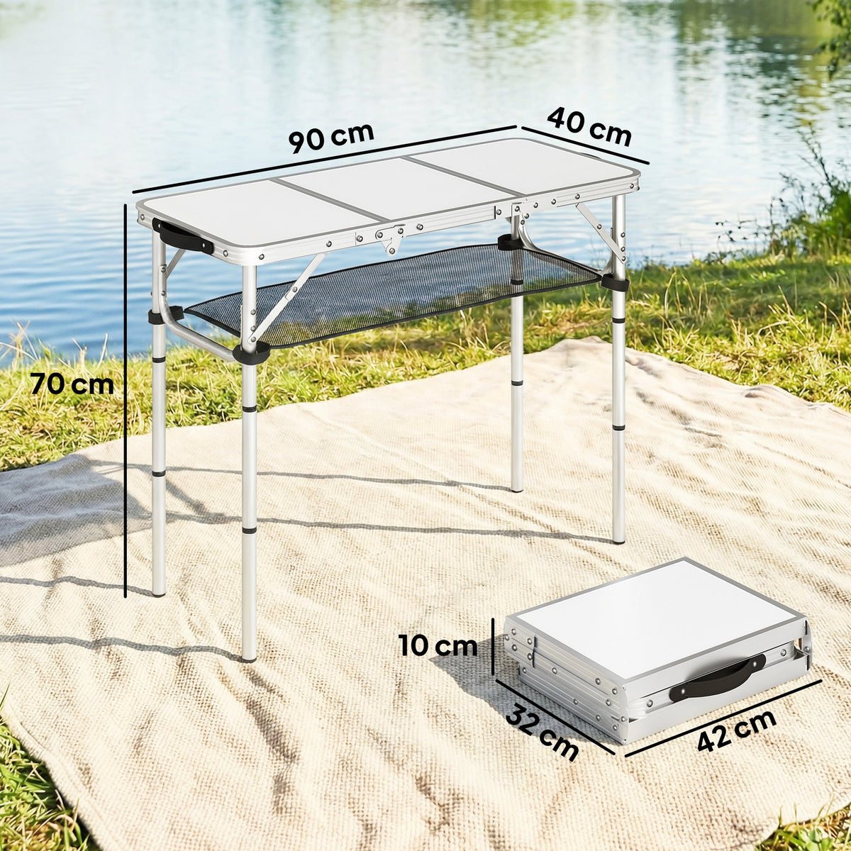 Outsunny 3ft Folding Camping Table, Picnic Table with Mesh Storage Layer, Carrying Bag and Metal Frame, Cream White