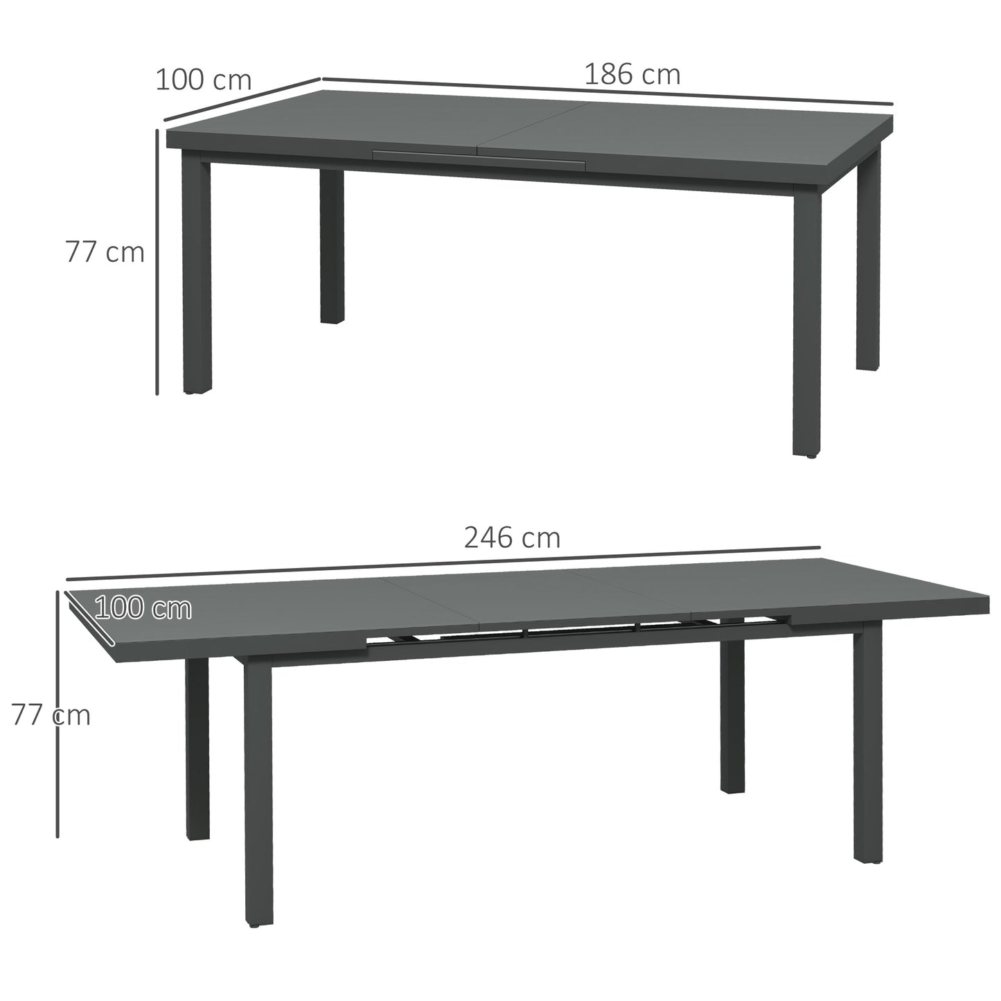 Outsunny Aluminium Garden Table for 6-8, 246 cm Extending Outdoor Dining Table Rectangle for Patio, Balcony - Charcoal Grey