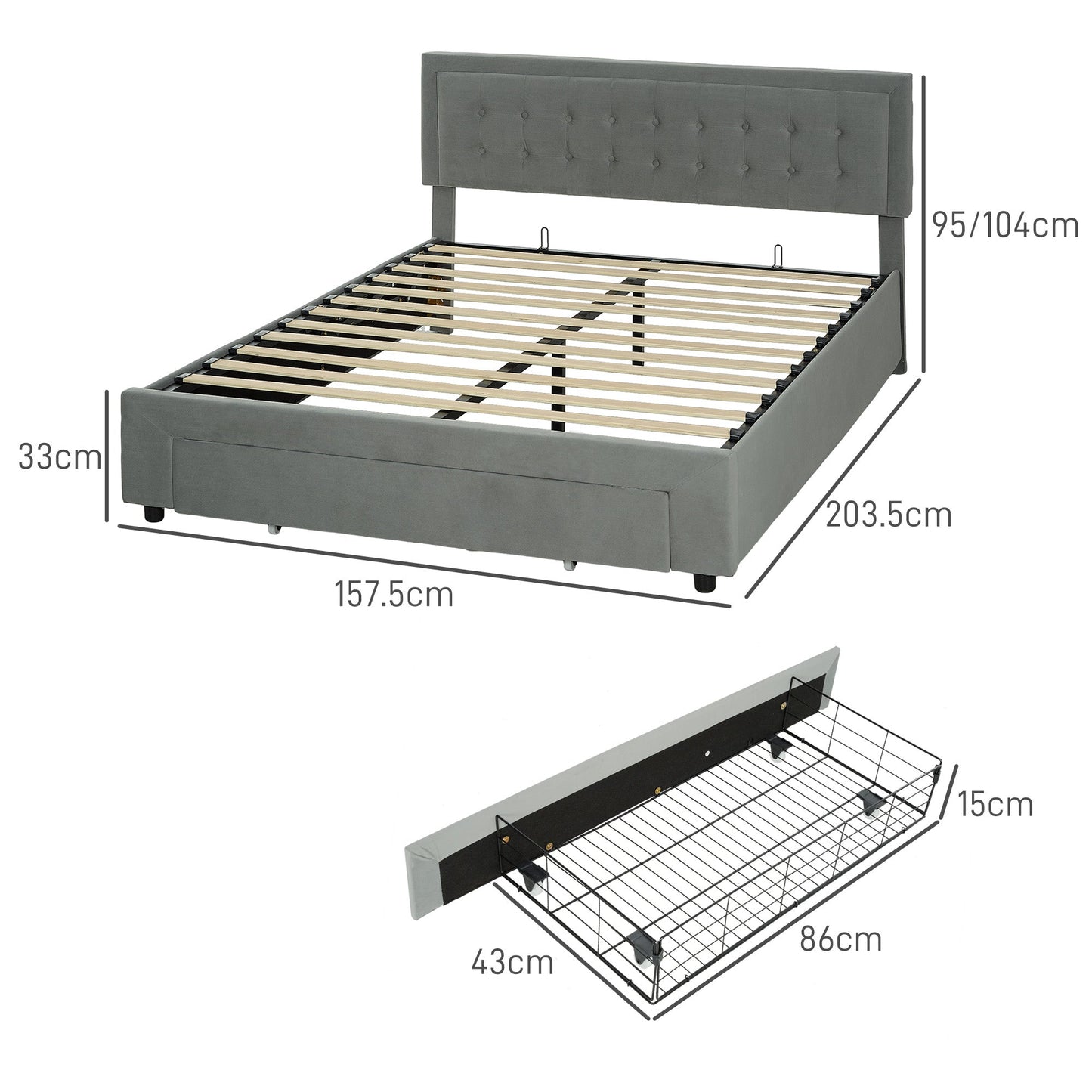 HOMCOM King Size Ottoman Bed Frame, with Front Drawer - Grey