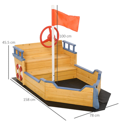 Outsunny Sand pit Kids Children Sandpit Wooden Pirate Ship Sandboat Outdoor Backyard Playset w/Bench Bottom Liner