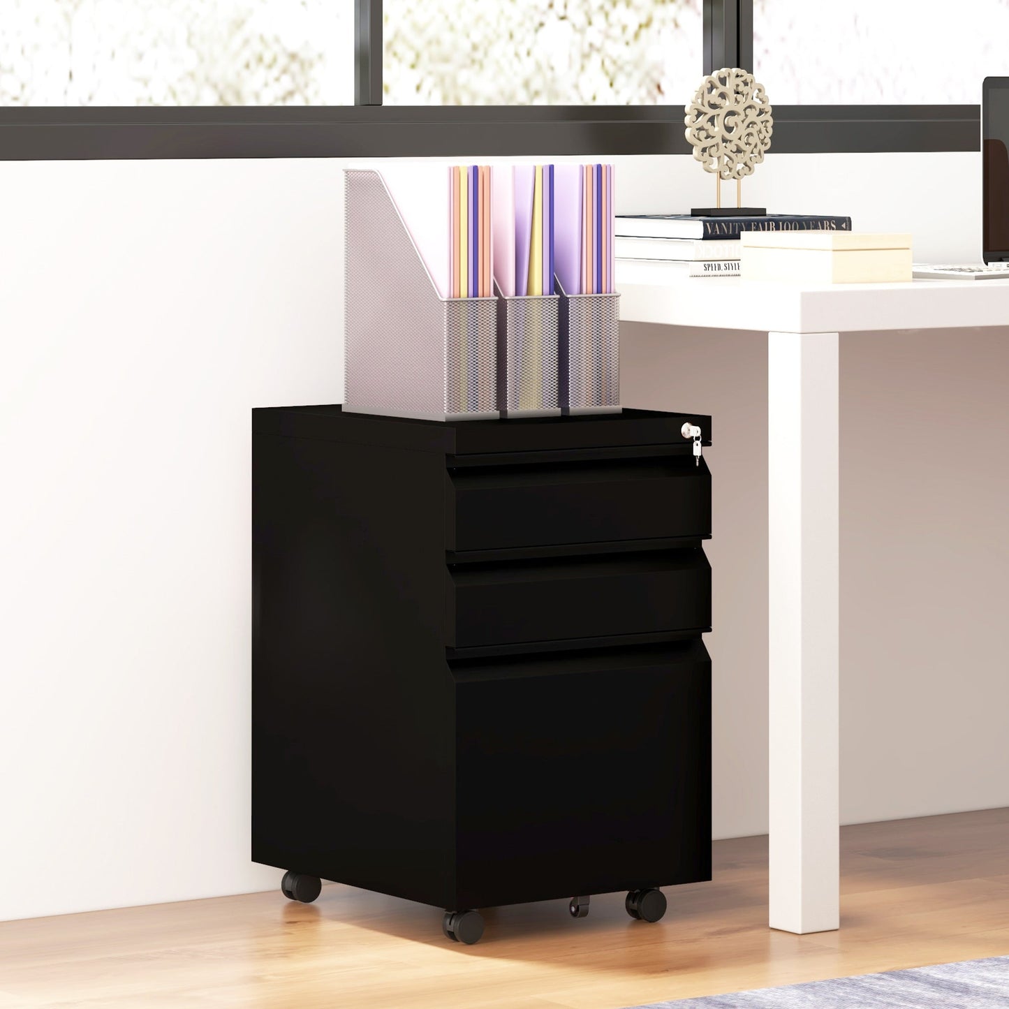 Vinsetto 3-Drawer Filing Cabinet with Lock, Mobile Steel File Cabinet for A4, Legal and Letter Size, Under Desk Drawers with Pre-Assembled Body for Home Office, 37 x 43.5 x 60 cm, Black