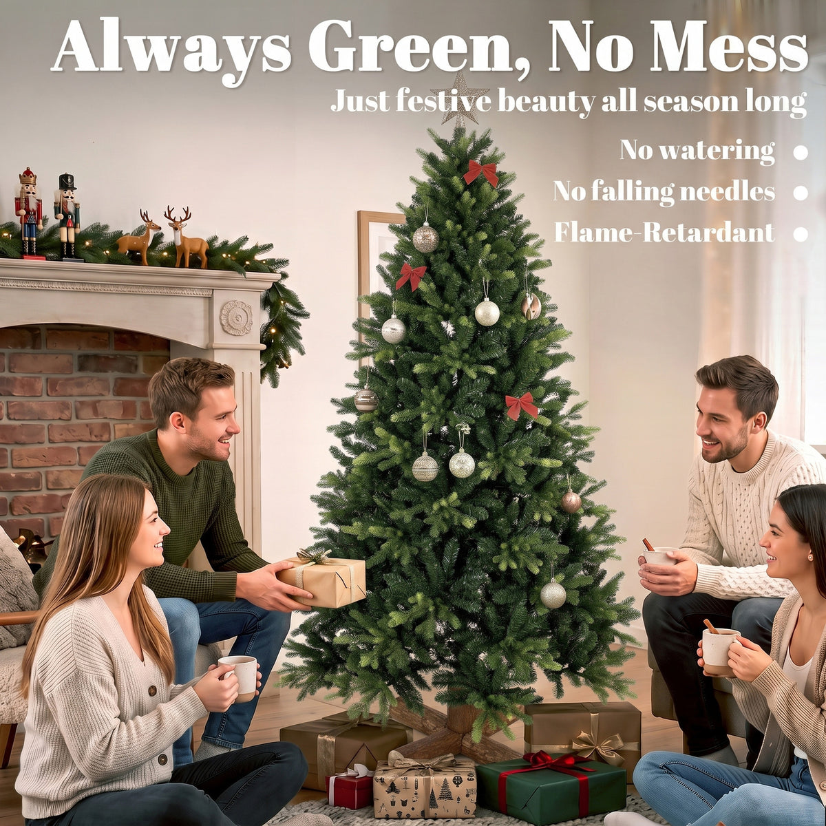 HOMCOM Artificial Christmas Tree, Hinged Xmas Tree with 2419 PE & PVC Branch Tips, 6ft, Green
