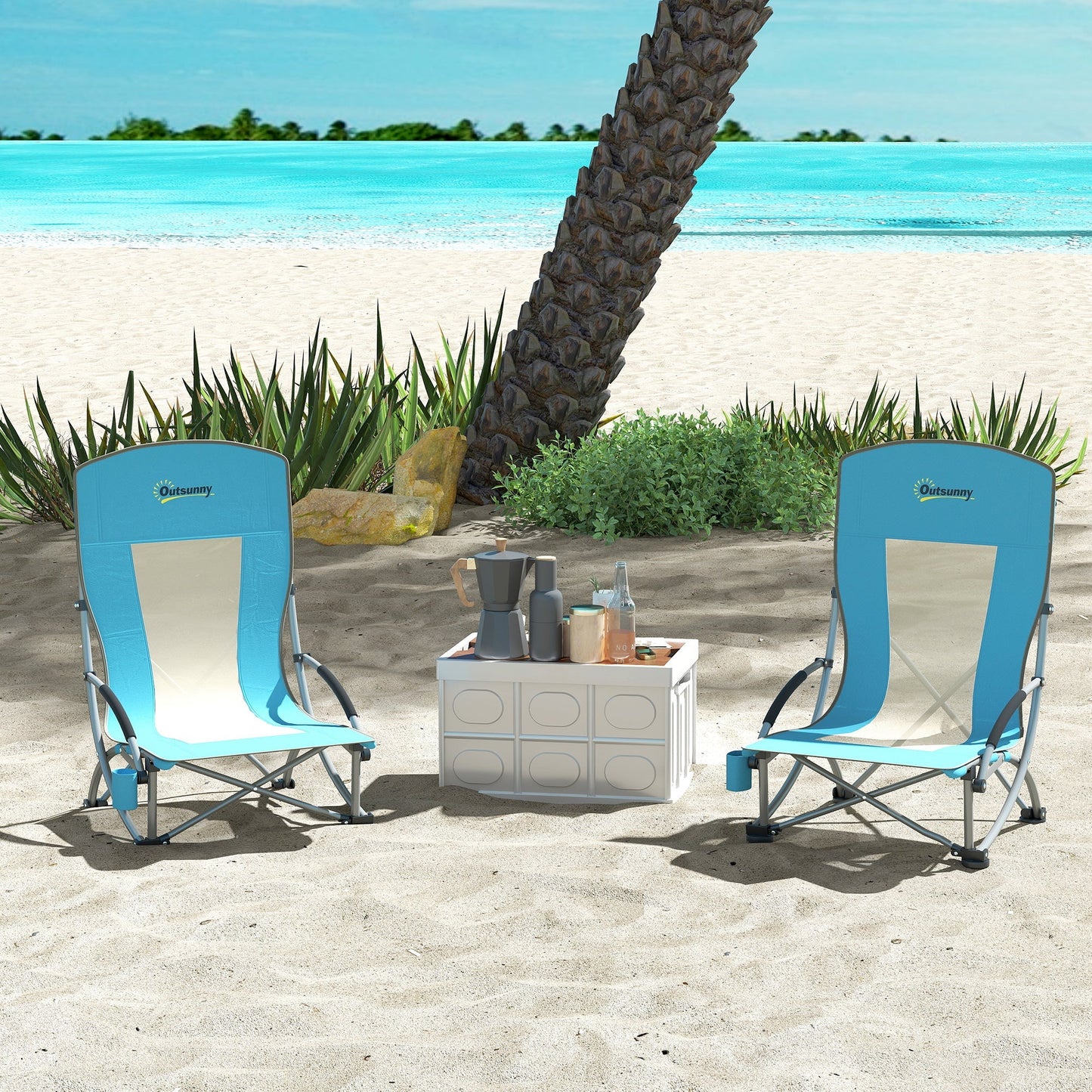 Outsunny Set of 2 Folding Beach Chair, Low Camping Chair with Mesh Back, Carry Bag and Cup Holder for Garden Outdoor Picnic Festival Travel, Blue