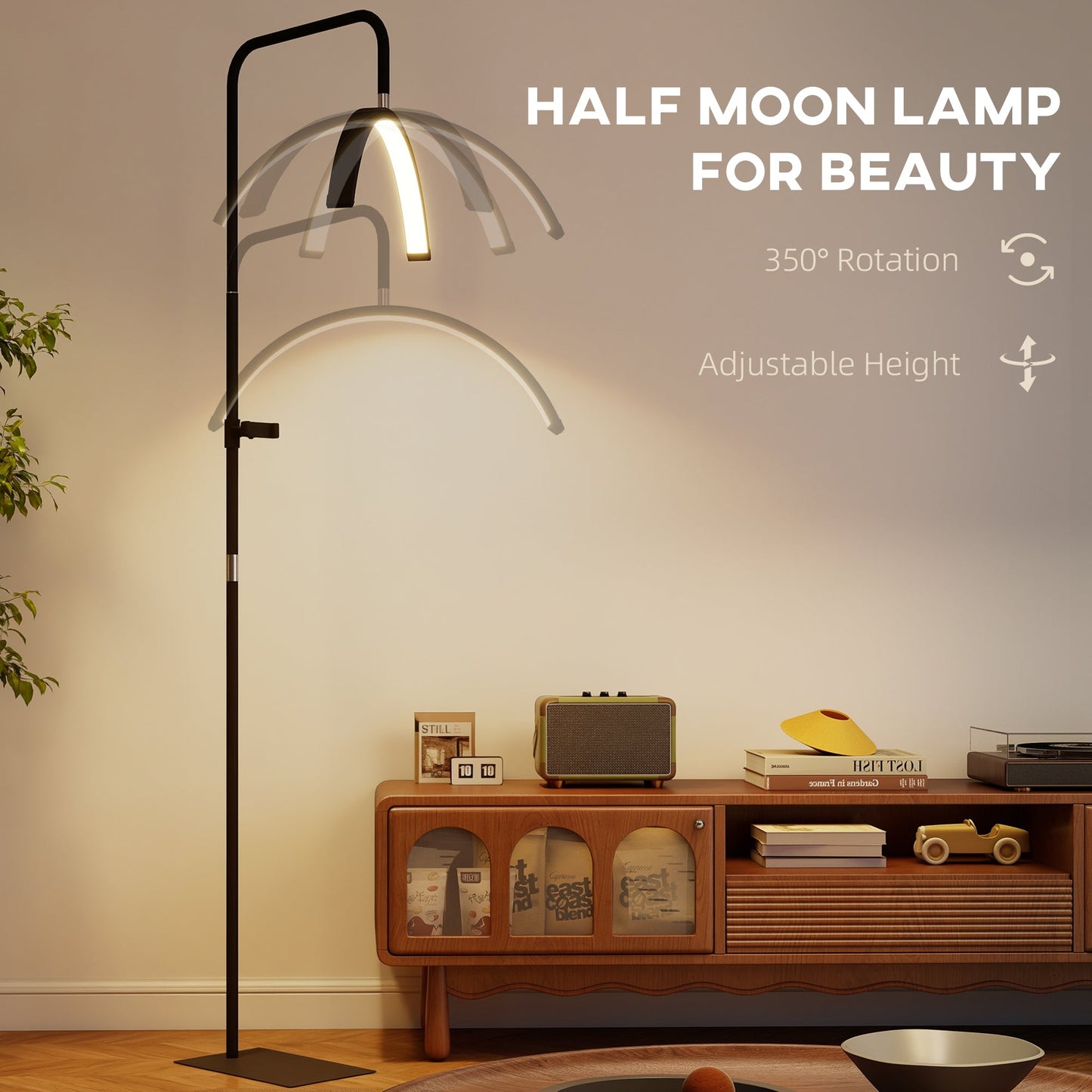 HOMCOM Half Moon Lash Light, Beauty Floor Lamp with 350Â° Rotatable Head, 7 Colour Temperature and Phone Holder, Dimmable Standing Lamp for Eyelash Extension, Tattoo, Nails, Skincare, Black
