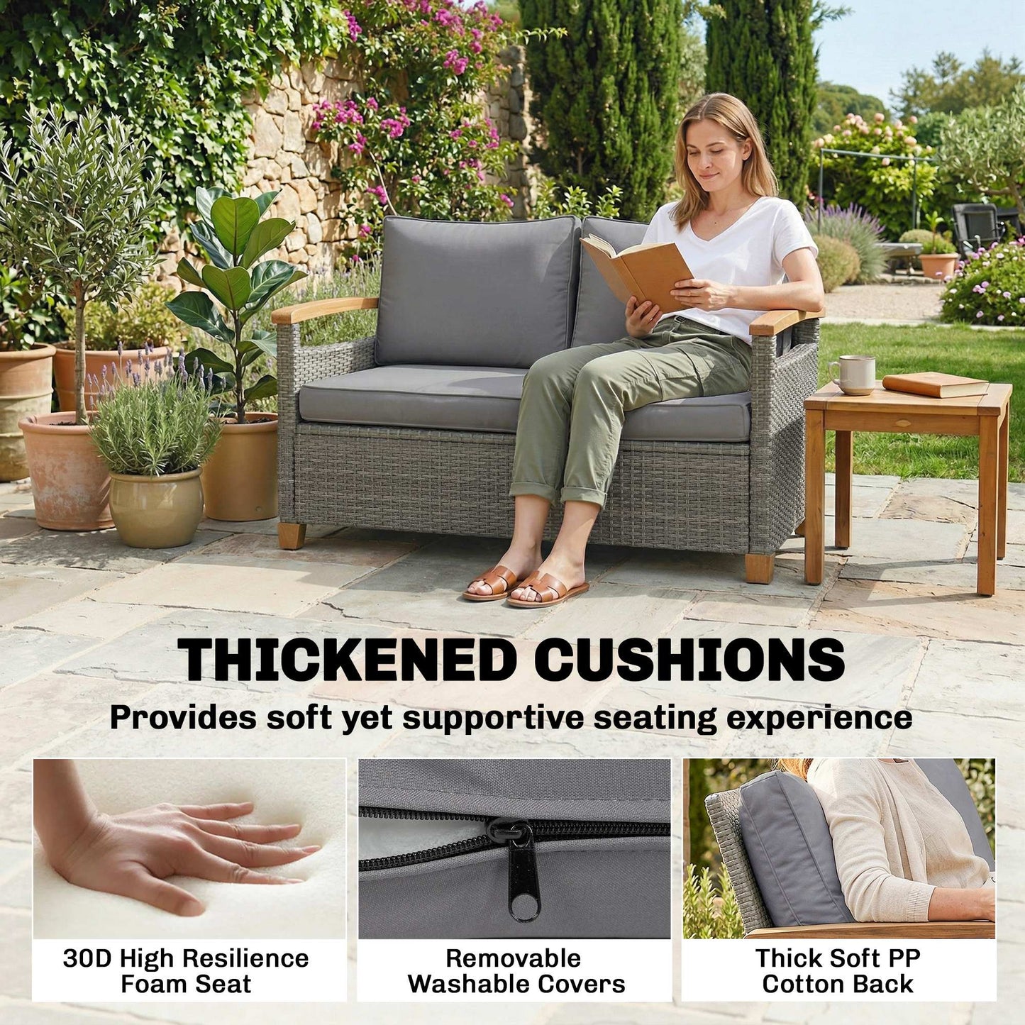 Outsunny 2 Seater Rattan Garden Sofa, Outdoor Sofa with Thickened Cushions and Acacia Wood Armrests, Dark Grey